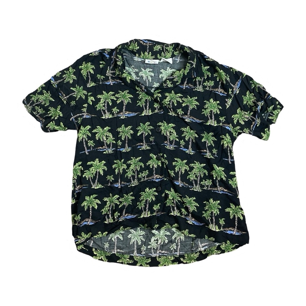 Vintage 90s Palm Tree Tropical Cropped Hawaiian Shirt Size L
